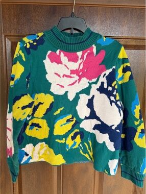 Anthropologie Floral Crewneck Sweater in Green, Pink, Yellow, Navy, White